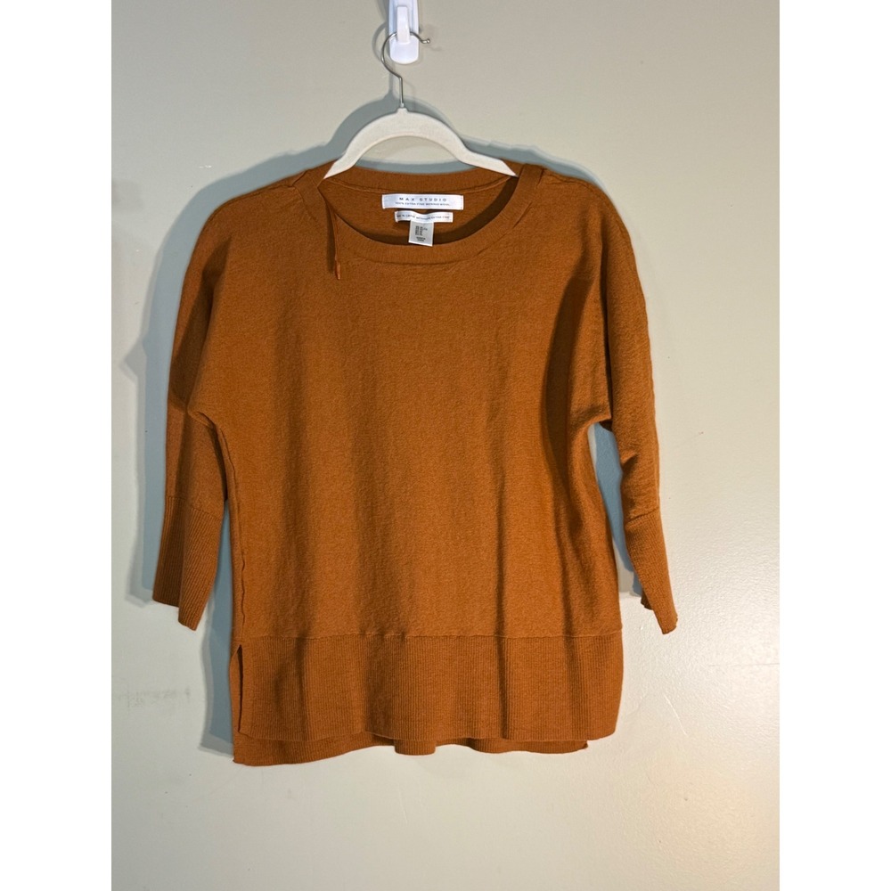 Max Studio 100% Extra Fine Merino Wool Sweater XL Rust Orange 3/4 Sleeve Top